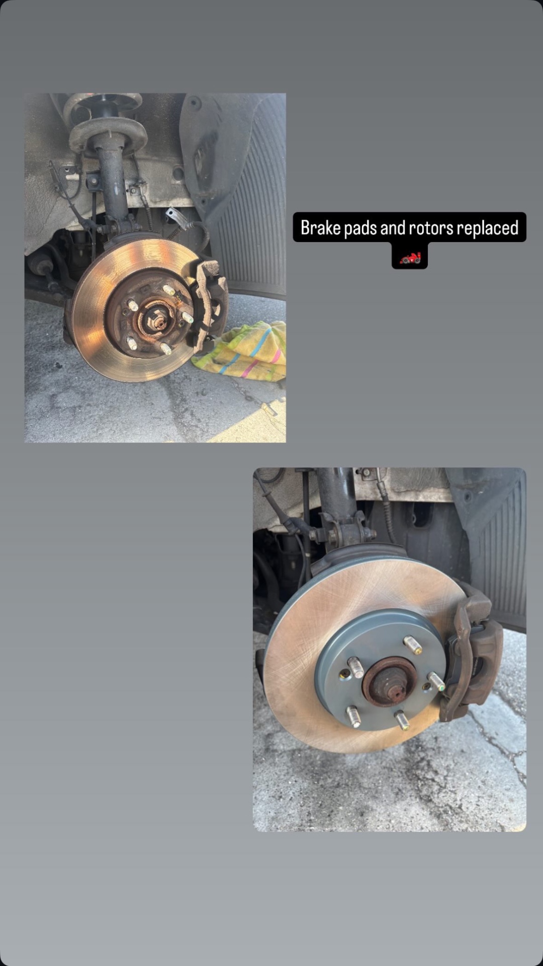Brake pads and rotors replaced — before and after